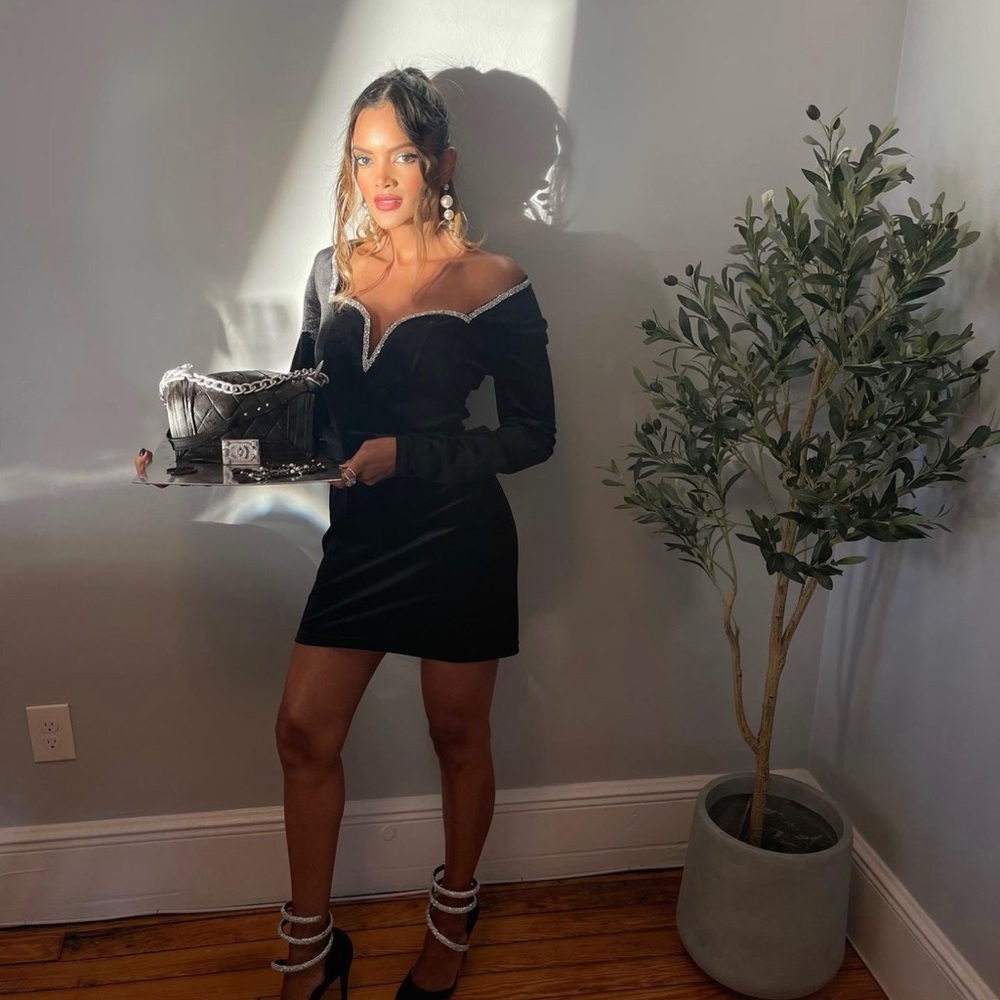 Black velvet dress with silver glitter details